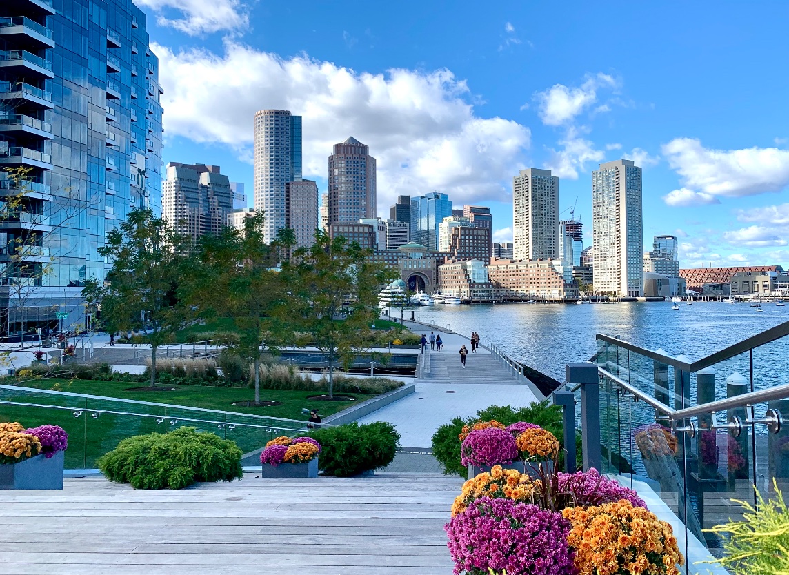 Boston skyline from the Seaport waterfront on a clear day, with colorful flowers in the foreground
