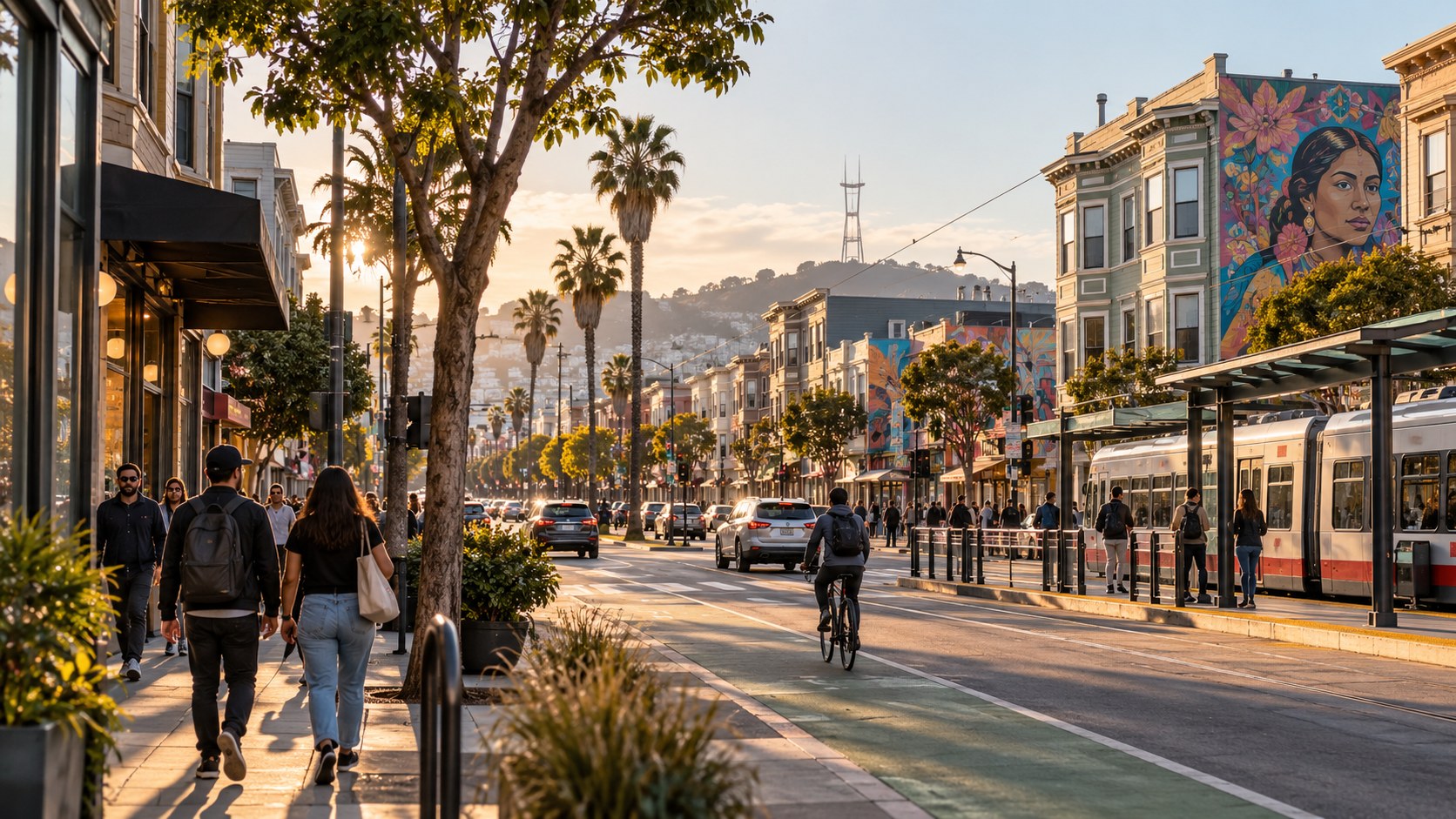Valencia Street in San Francisco's Mission District at golden hour, with a Muni train, bike lane, murals and pedestrians
